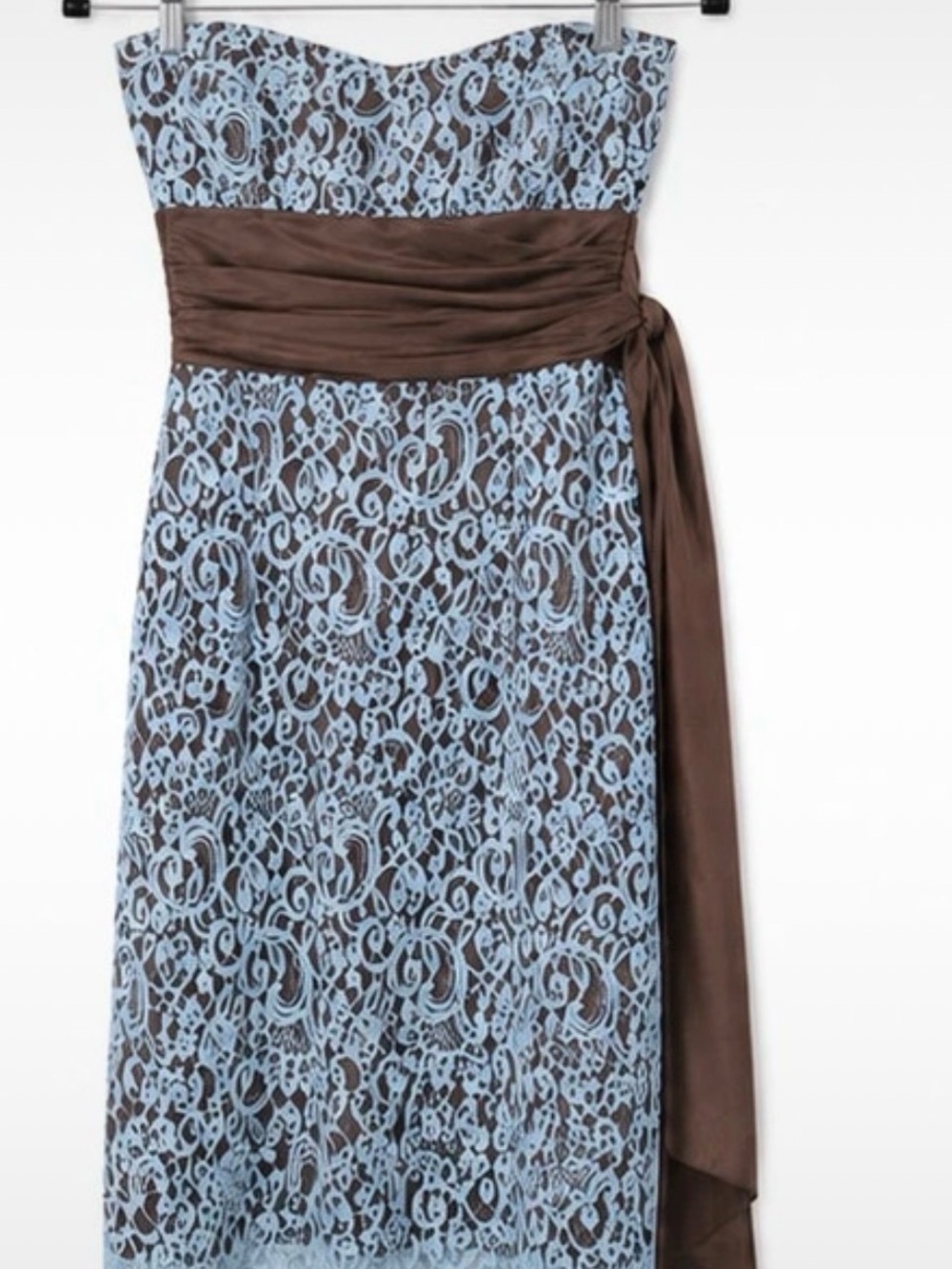Nicole Miller Strapless Blue Lace Dress with Brown Sash